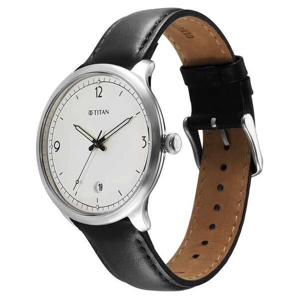 Titan Timeless Treasures Quartz Analog with Date White Dial With Black Color Leather Strap Watch For Men