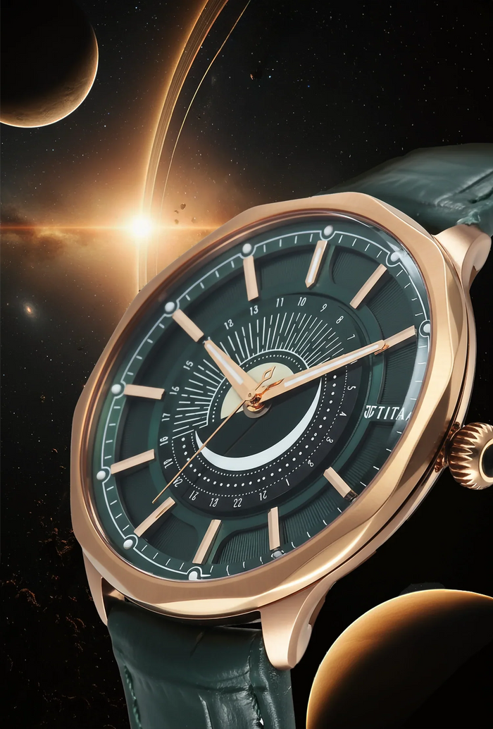 Titan Stellar Analog with Sun Moon Disc Green Dial Watch