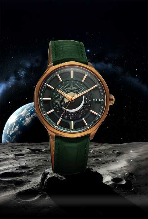 Titan Stellar Analog with Sun Moon Disc Green Dial Watch