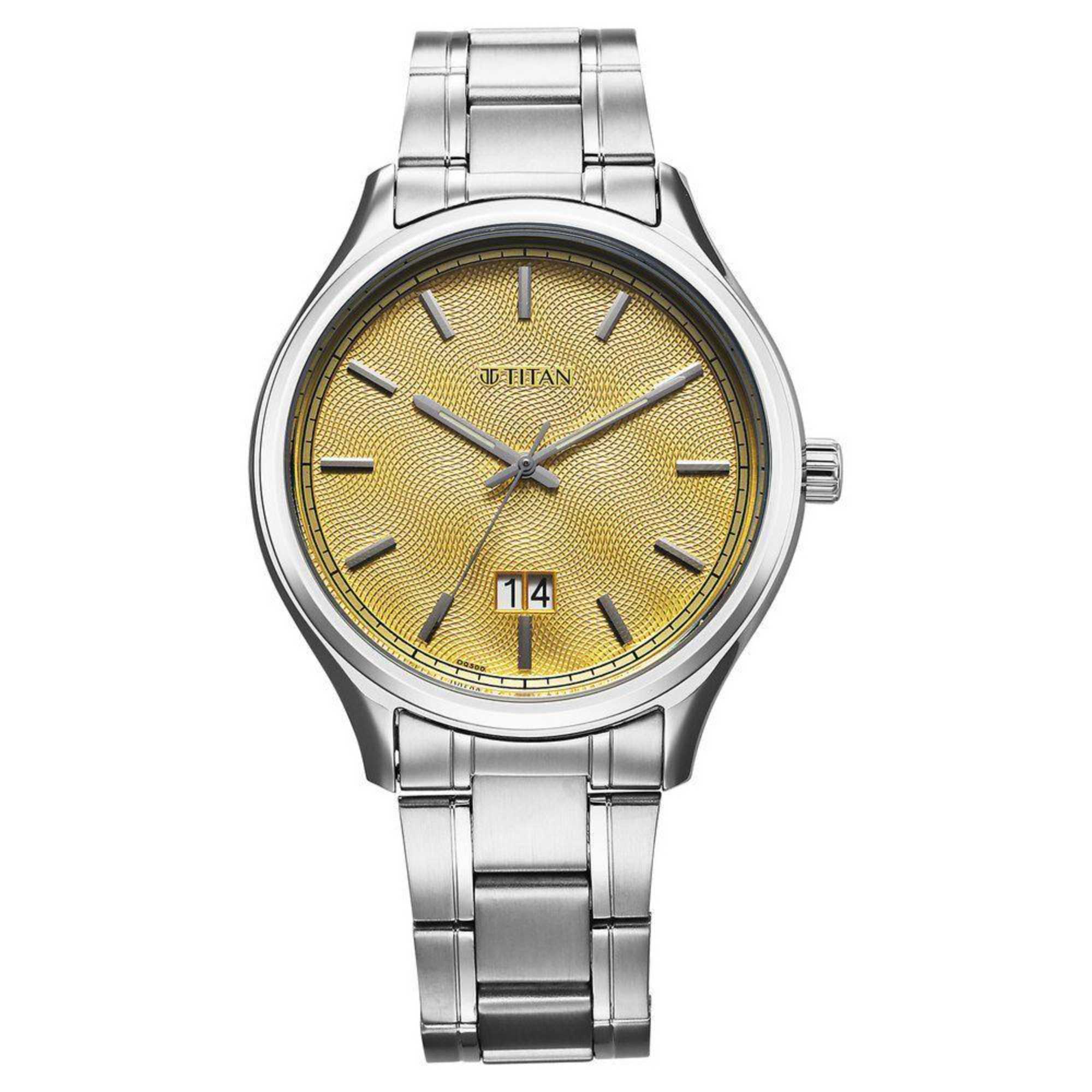 Titan Palette Of Time Quartz Analog with Date Yellow Dial Stainless Steel Strap Watch For Men