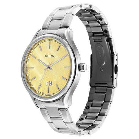 Titan Palette Of Time Quartz Analog with Date Yellow Dial Stainless Steel Strap Watch For Men
