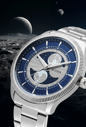 Titan Stellar Analog with Dual Moon Blue Phase Dial Watch