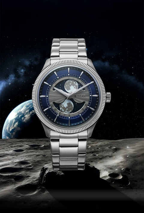 Titan Stellar Analog with Dual Moon Blue Phase Dial Watch