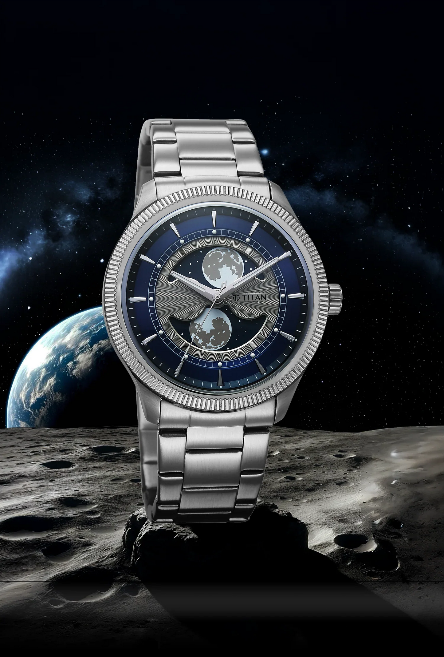 Titan Stellar Analog with Dual Moon Blue Phase Dial Watch