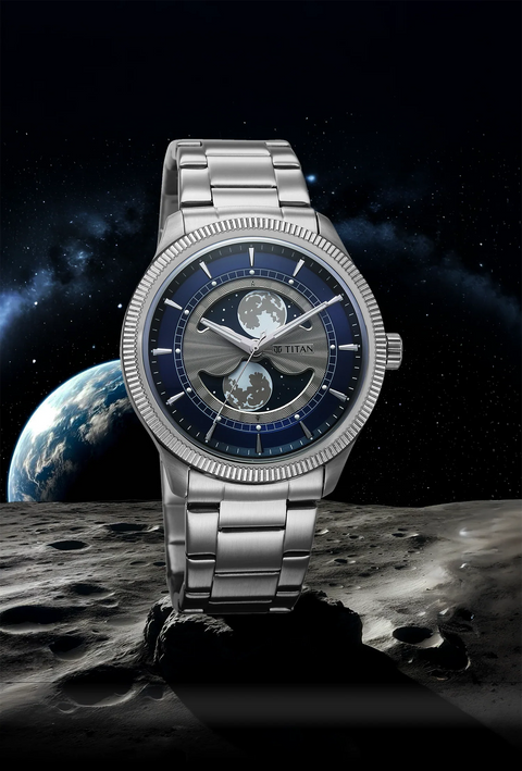 Titan Stellar Analog with Dual Moon Blue Phase Dial Watch