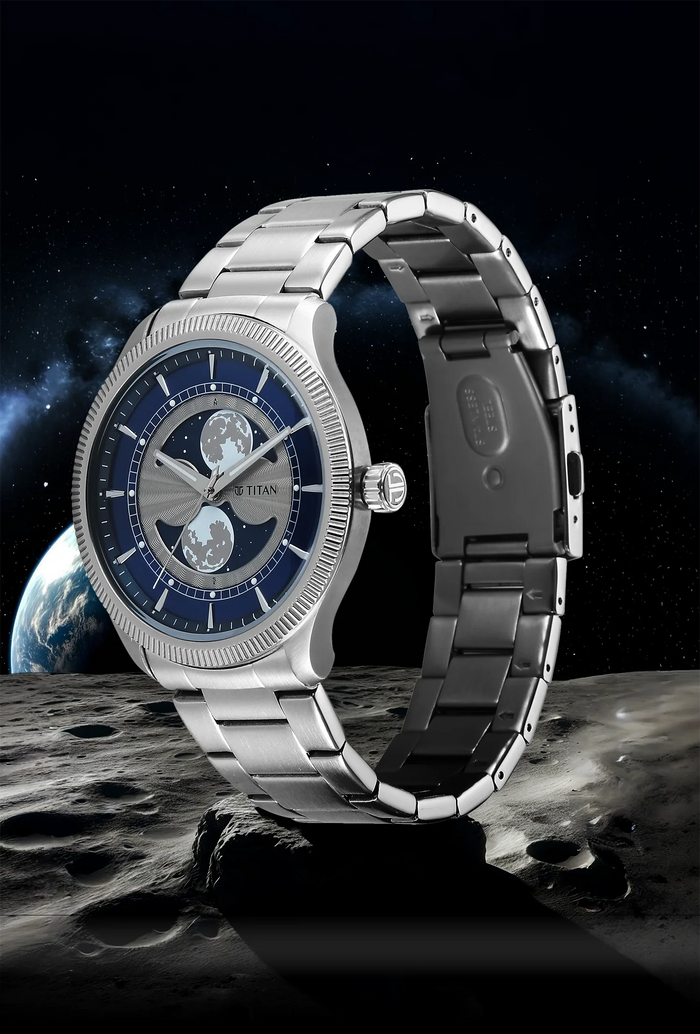 Titan Stellar Analog with Dual Moon Blue Phase Dial Watch