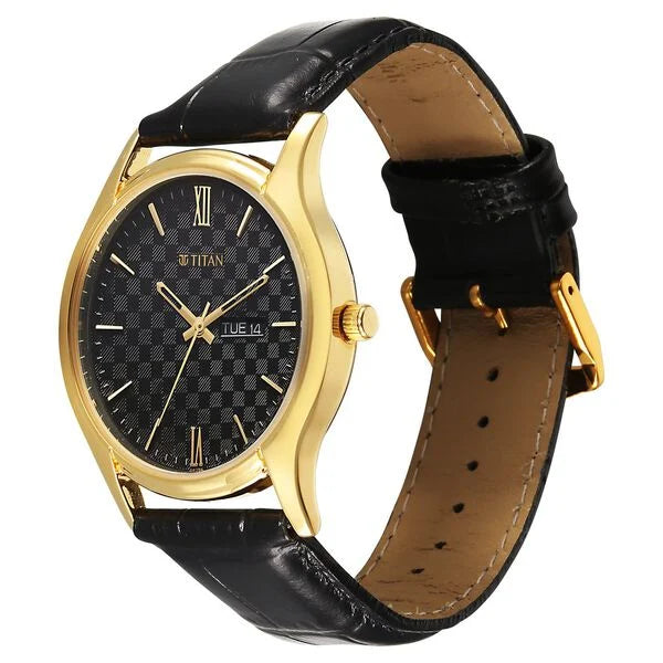 Titan Black Dial Leather Strap Analog with Day Date Watch for Men