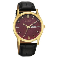 Titan Brown Dial Black Leather Strap Analog with Day Date Watch for Men