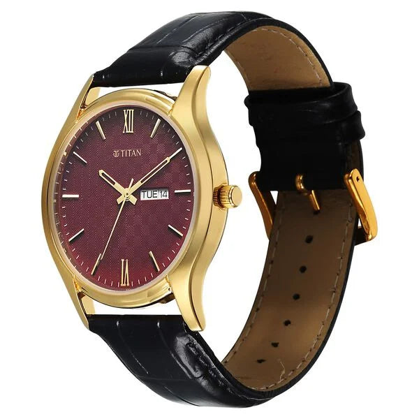 Titan Brown Dial Black Leather Strap Analog with Day Date Watch for Men
