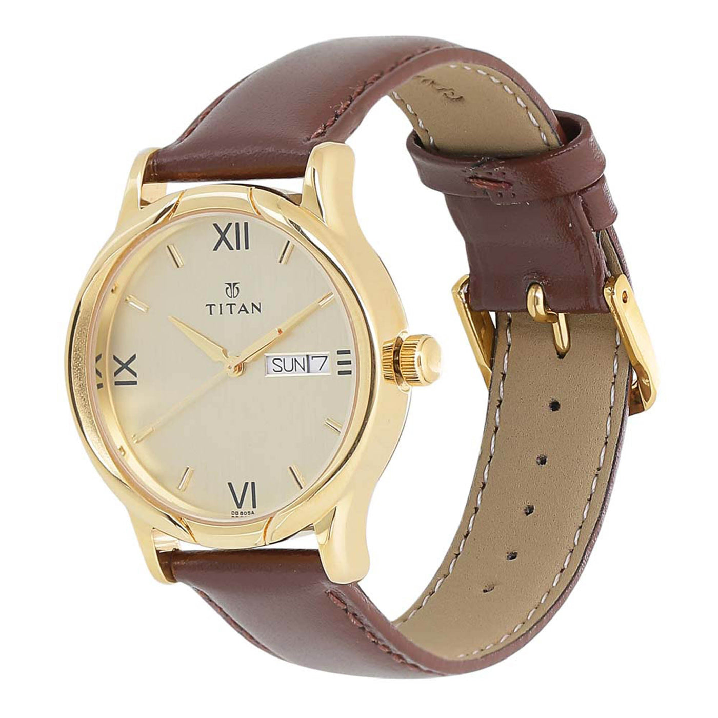 Titan Champagne Dial Analog Day and Date Leather Strap watch for Men