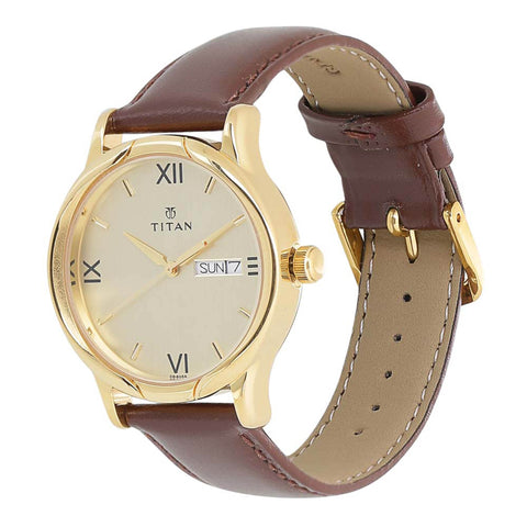 Titan Champagne Dial Analog Day and Date Leather Strap watch for Men