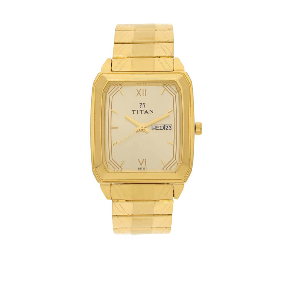 Titan Quartz Analog with Day and Date Champagne Dial Stainless Steel Strap Watch for Men