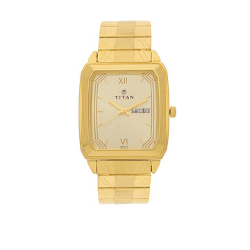 Titan Quartz Analog with Day and Date Champagne Dial Stainless Steel Strap Watch for Men