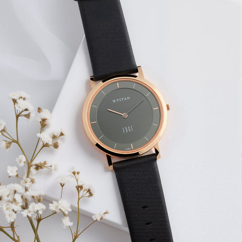 Titan Edge Quartz Anthracite Dial Leather Strap Watch for Men