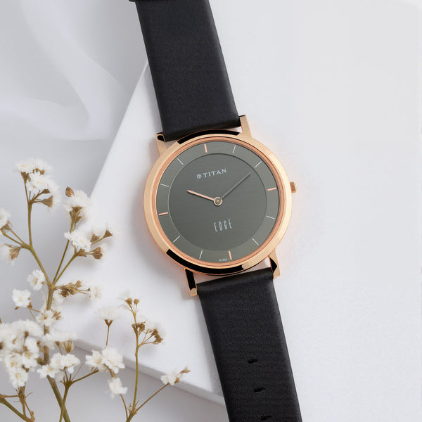Titan Edge Quartz Anthracite Dial Leather Strap Watch for Men