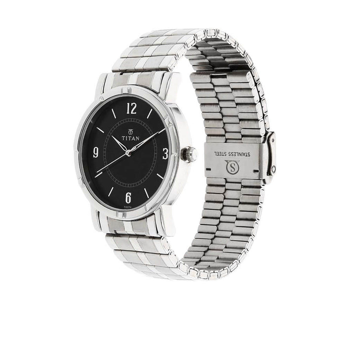 Titan Quartz Analog Black Dial Stainless Steel Strap Watch for Men