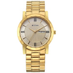 Titan Karishma Beige Dial Gold Stainless Steel Strap Analog with Day Date Watch for Men