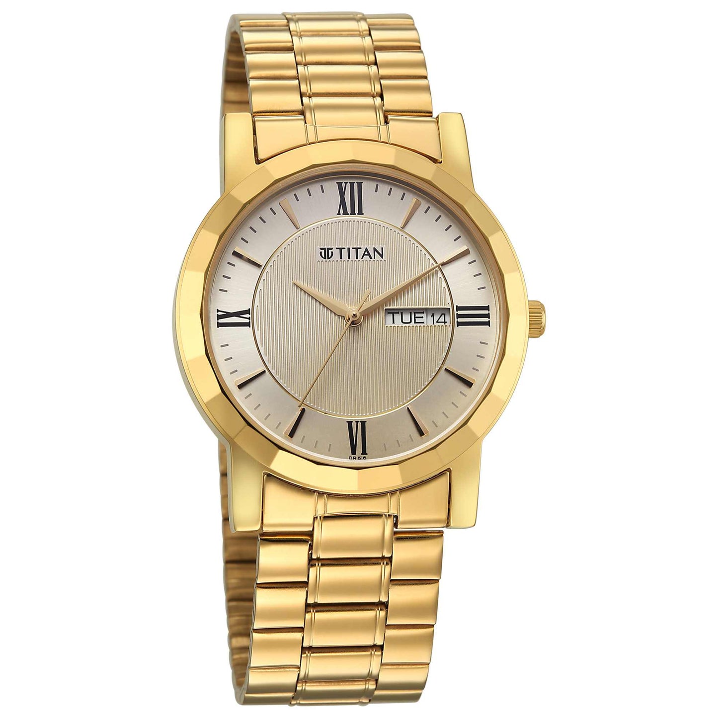 Titan Karishma Beige Dial Gold Stainless Steel Strap Analog with Day Date Watch for Men