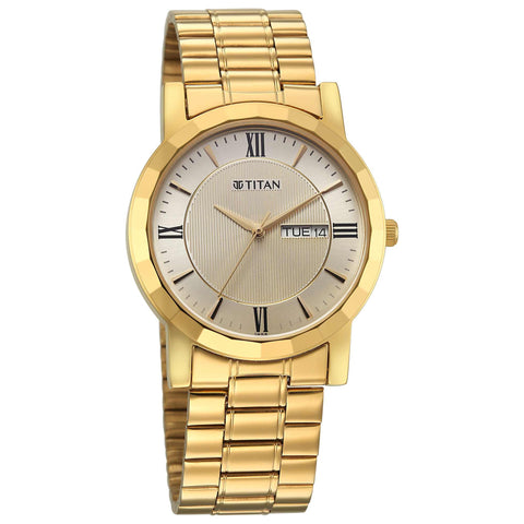 Titan Karishma Beige Dial Gold Stainless Steel Strap Analog with Day Date Watch for Men