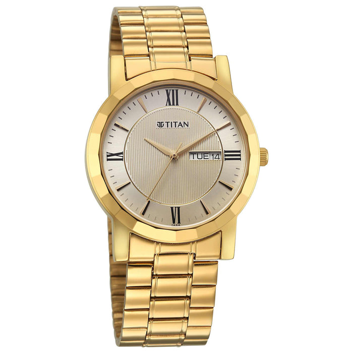 Titan Karishma Beige Dial Gold Stainless Steel Strap Analog with Day Date Watch for Men