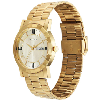 Titan Karishma Beige Dial Gold Stainless Steel Strap Analog with Day Date Watch for Men