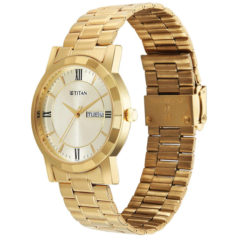 Titan Karishma Beige Dial Gold Stainless Steel Strap Analog with Day Date Watch for Men