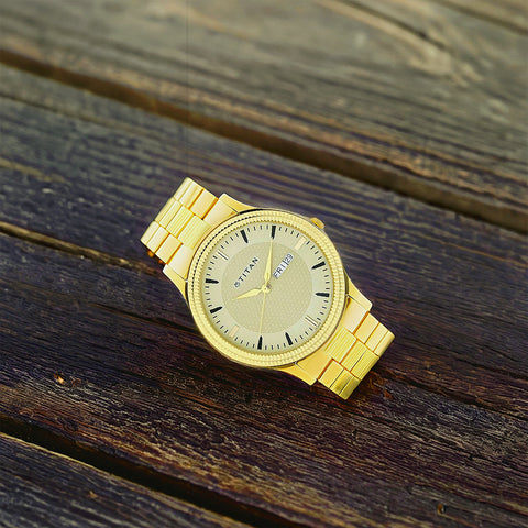 Titan Quartz Analog with Day and Date Champagne Dial Stainless Steel Strap Watch for Men