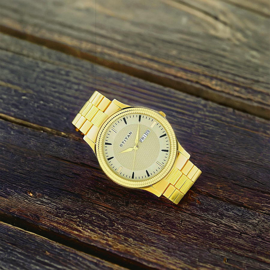 Titan Quartz Analog with Day and Date Champagne Dial Stainless Steel Strap Watch for Men