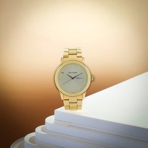 Titan Analog with Day and Date Quartz Champagne Dial Metal Round Stainless Steel Strap watch for Men