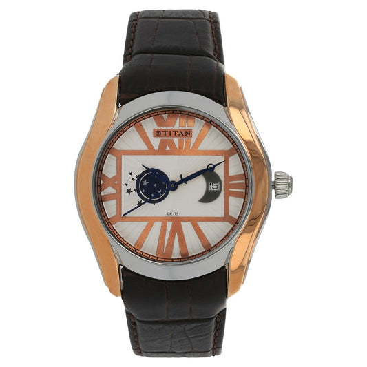 Titan Quartz Analog Moonphase White Dial Leather Strap Watch for Men