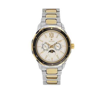 Titan Fashion White Dial Two Toned Stainless Steel Strap Multifunction Quartz Watch for Men