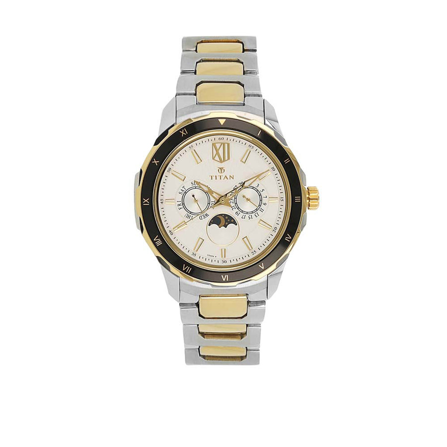 Titan Fashion White Dial Two Toned Stainless Steel Strap Multifunction Quartz Watch for Men