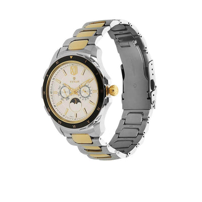 Titan Fashion White Dial Two Toned Stainless Steel Strap Multifunction Quartz Watch for Men