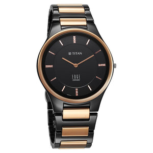 Titan Edge Ceramic Quartz in Midnight Gold with Diamonds and Black Dial Watch for Men