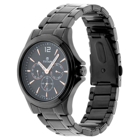 Titan Quartz Multifunction Black Dial Stainless Steel Strap Watch for Men