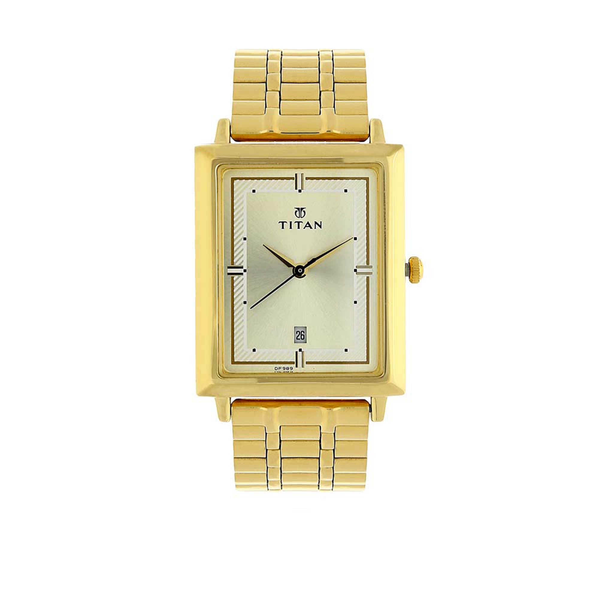 Titan Quartz Analog with Date Champagne Dial Golden Stainless Steel Strap Rectangular Shaped Watch For Men