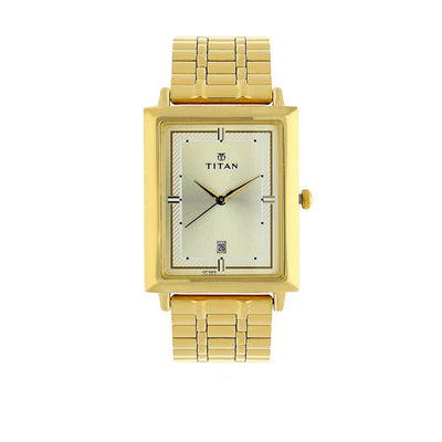 Titan Quartz Analog with Date Champagne Dial Golden Stainless Steel Strap Rectangular Shaped Watch For Men