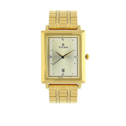 Titan Quartz Analog with Date Champagne Dial Golden Stainless Steel Strap Rectangular Shaped Watch For Men