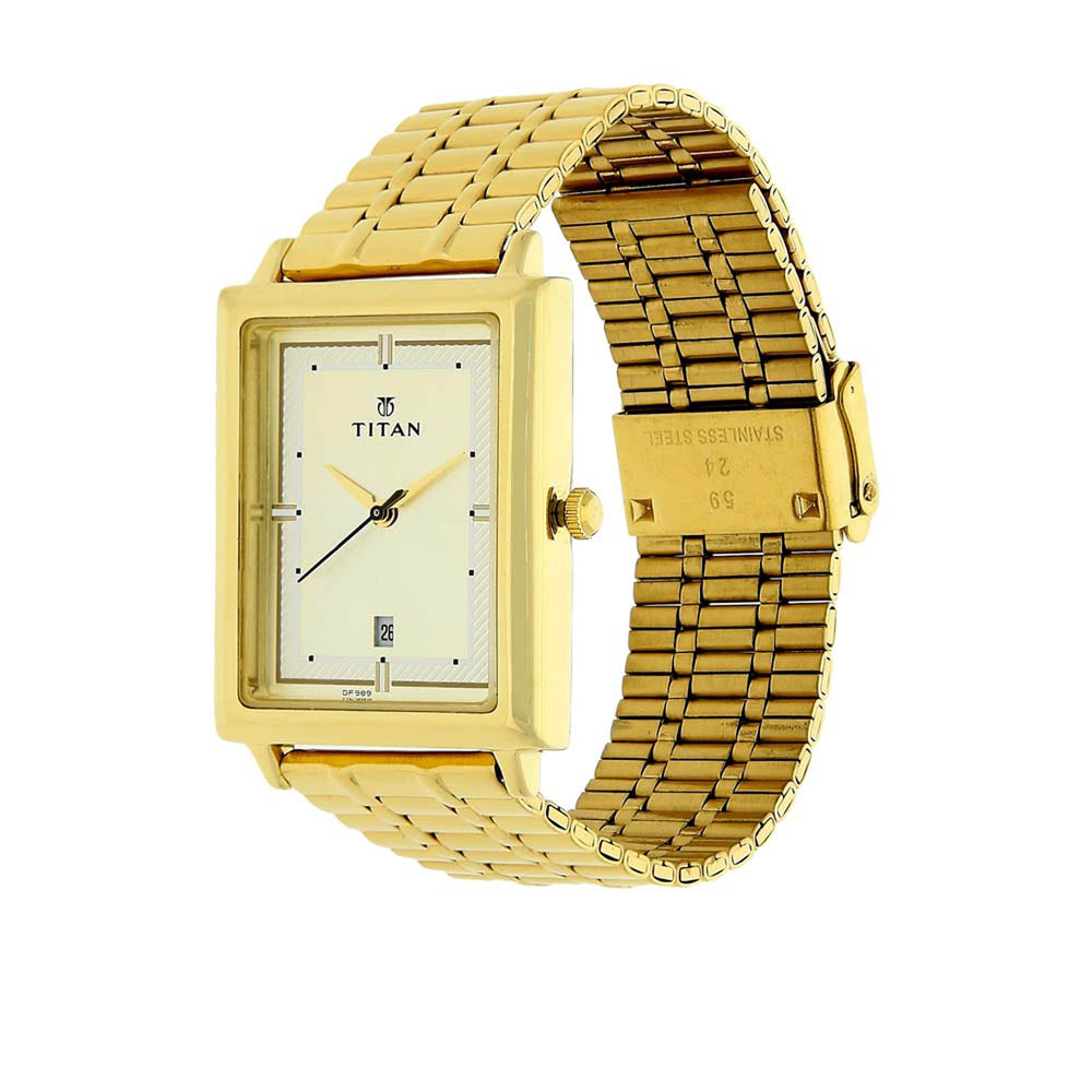 Titan Quartz Analog with Date Champagne Dial Golden Stainless Steel Strap Rectangular Shaped Watch For Men