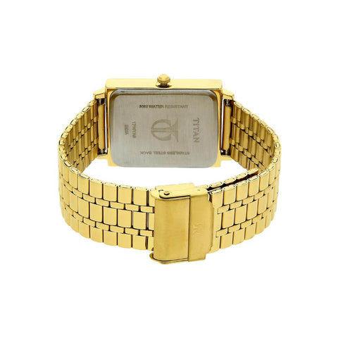 Titan Quartz Analog with Date Champagne Dial Golden Stainless Steel Strap Rectangular Shaped Watch For Men