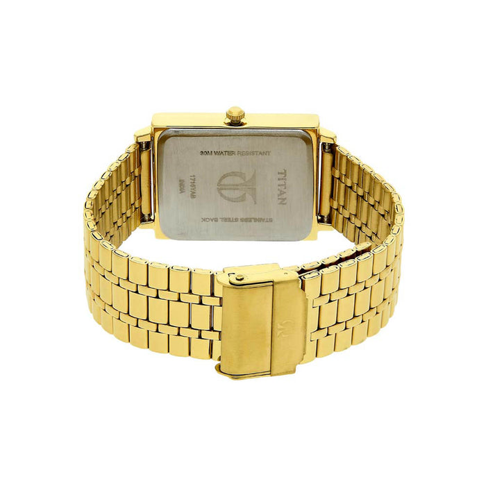 Titan Quartz Analog with Date Champagne Dial Golden Stainless Steel Strap Rectangular Shaped Watch For Men