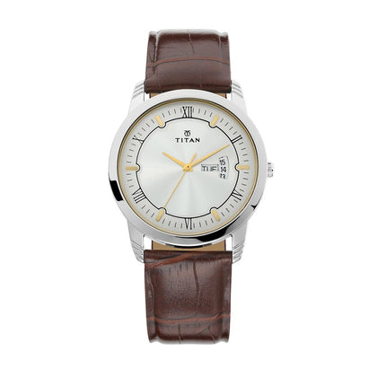 Titan Quartz Analog with Day and Date Silver Dial Leather Strap Watch for Men