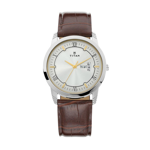 Titan Quartz Analog with Day and Date Silver Dial Leather Strap Watch for Men