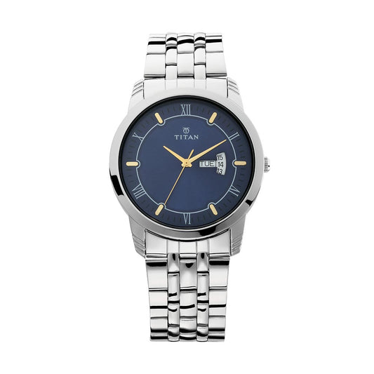 Titan Analog with Day and Date Blue Dial Stainless Steel Strap watch for Men 1774SM01