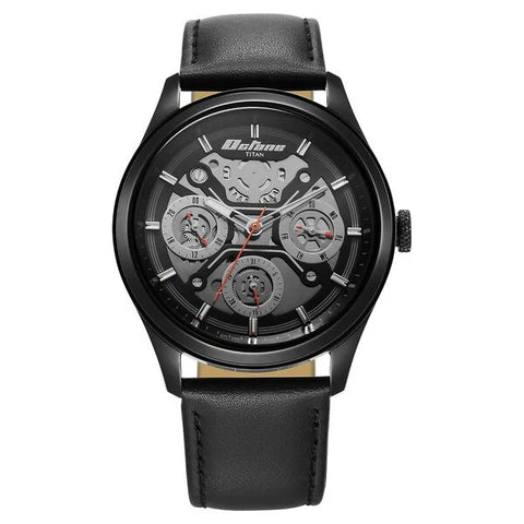 Titan Octane Quartz Multifunction Black Dial With Black Leather Strap Watch For Men