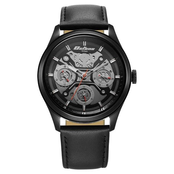 Titan Octane Quartz Multifunction Black Dial With Black Leather Strap Watch For Men