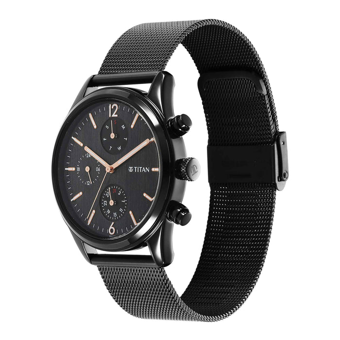 Titan Neo Black & Gold Quartz Analog with Day and Date Black Dial Stainless Steel Strap Watch for Men