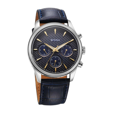 Titan Regalia Opulent Quartz Analog with Day and Date Blue Dial Blue Leather Strap Watch for Men
