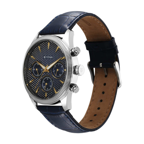 Titan Regalia Opulent Quartz Analog with Day and Date Blue Dial Blue Leather Strap Watch for Men