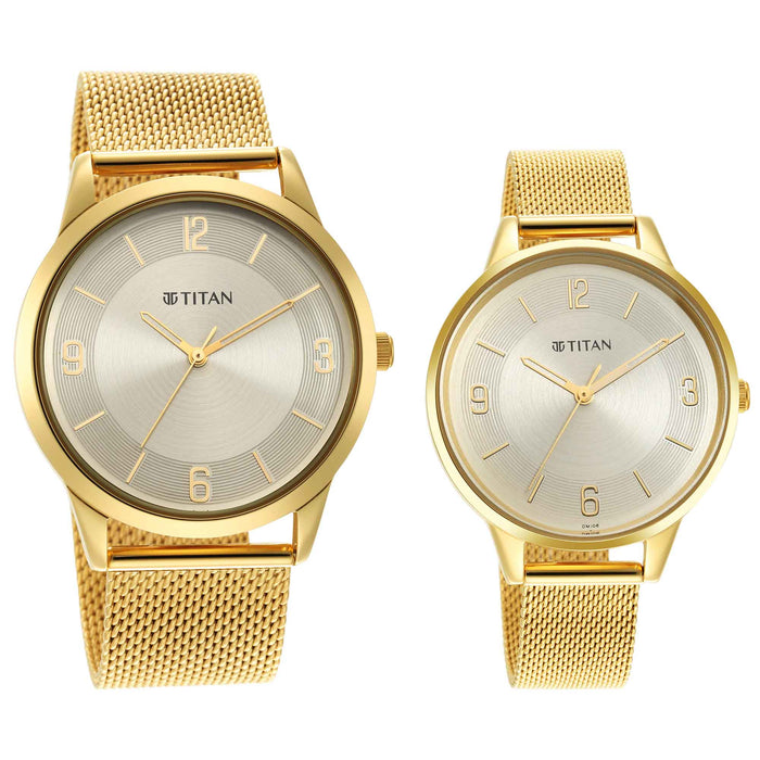 Titan Bandhan Champagne Dial Analog Stainless Steel Strap watch for Couple